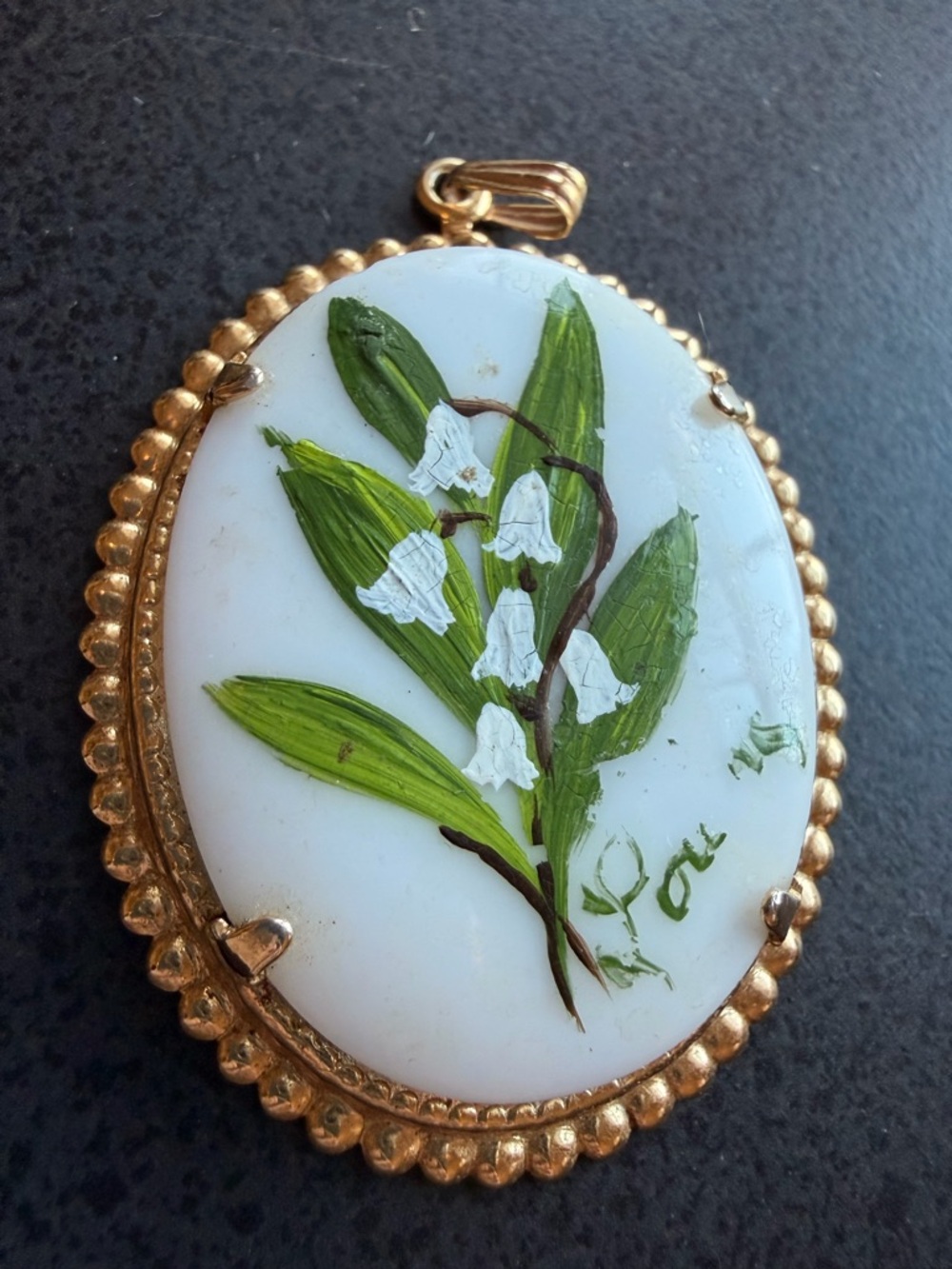 Vintage Hand Painted Lily of the Valley Milk Glass Pendant Signed, Mid-Century